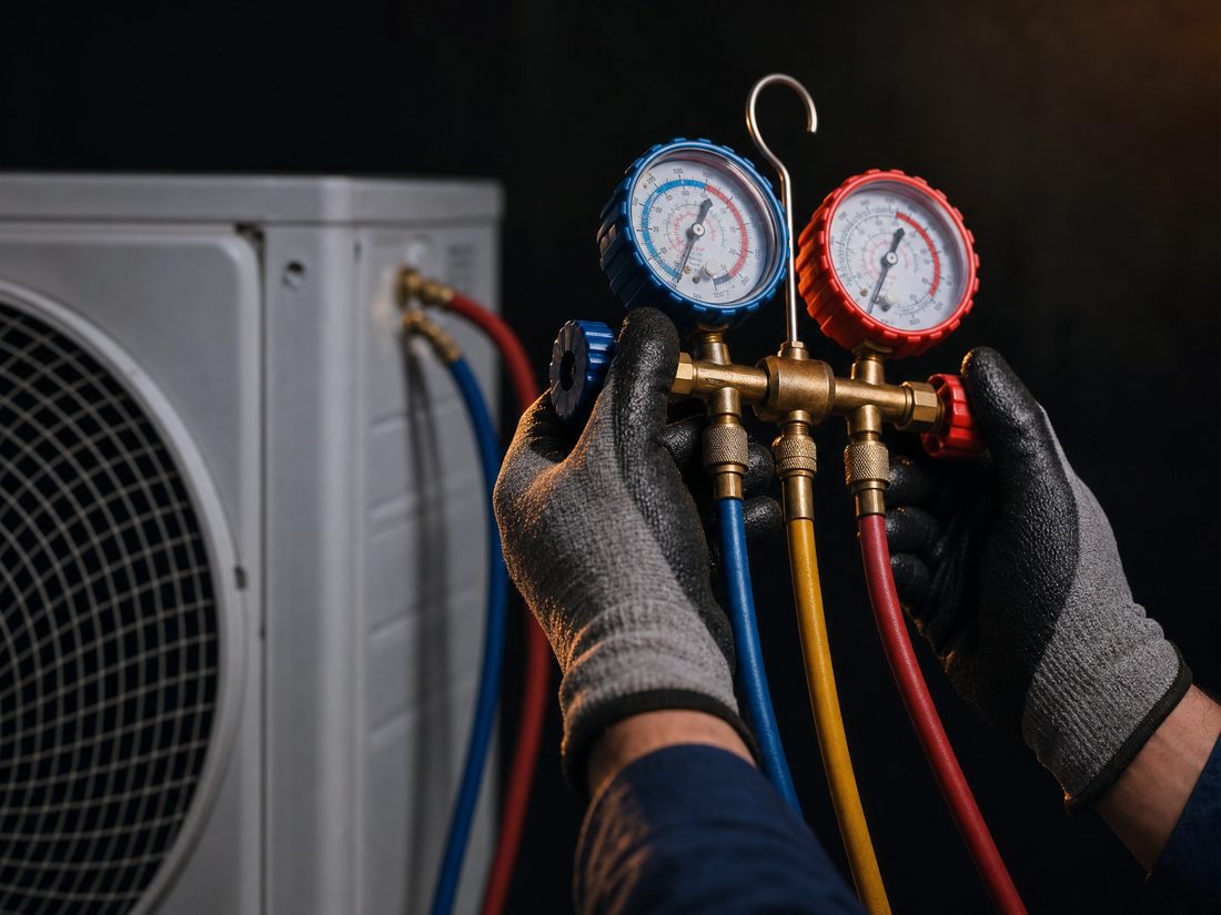 HVAC manifold gauges connected to an air conditioning condenser during a service call