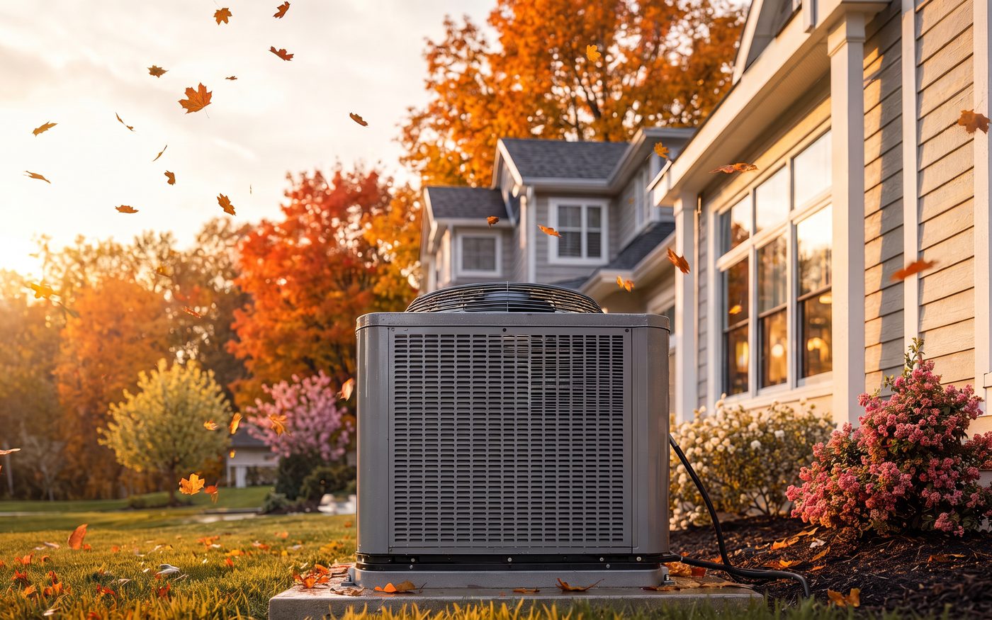 Residential HVAC condenser beside a home surrounded by autumn foliage