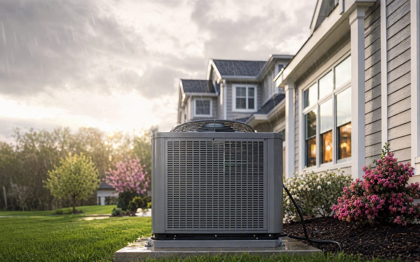 Residential air conditioning condenser beside a home during spring rain