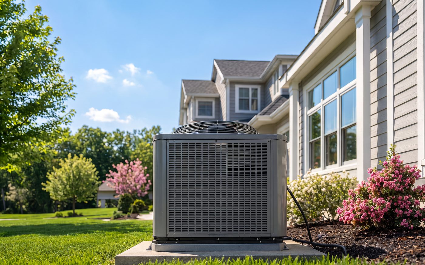 Residential air conditioning condenser beside a home on a clear summer day