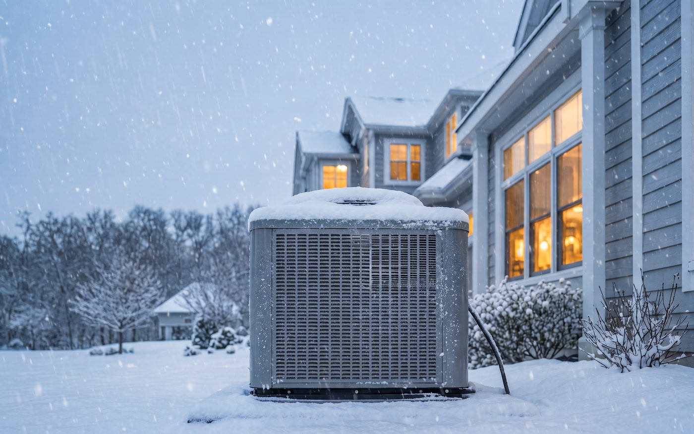Residential HVAC condenser beside a home covered in winter snow